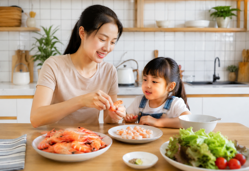 Người lớn nên bóc vỏ tôm cho trẻ để ăn an toàn hơn