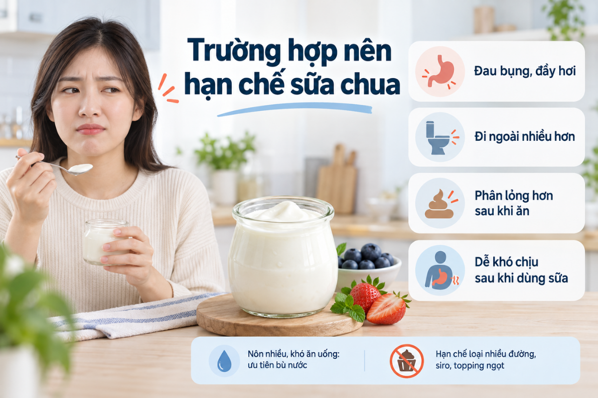 Nên tạm hạn chế sữa chua nếu cơ thể xuất hiện khó chịu tiêu hóa sau khi sử dụng