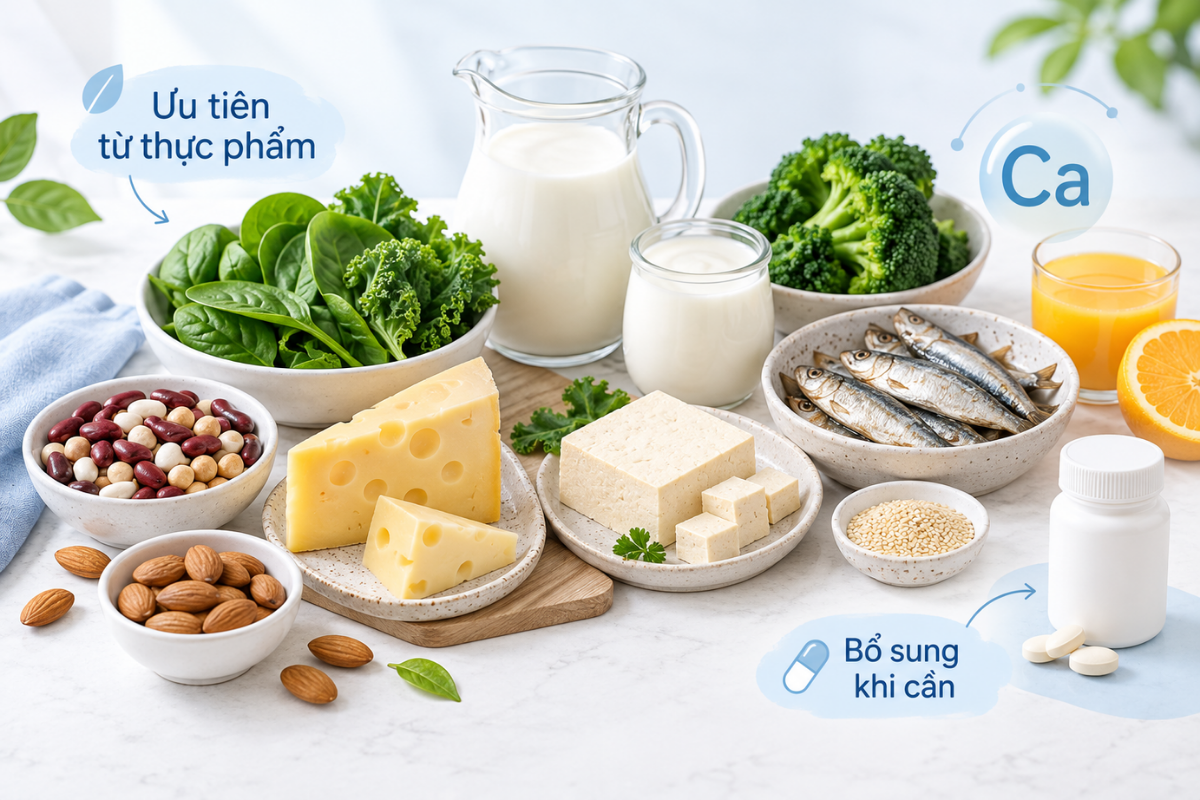 Ưu tiên bổ sung canxi từ thực phẩm, chỉ cân nhắc sản phẩm bổ sung khi khẩu phần chưa đáp ứng đủ nhu cầu